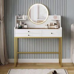 Makeup Vanity Desk with Mirror and Lights, Glass Top Vanity Desk with 3 Drawers & 2 Storage Shelves, Bedroom Dressing Table with Power Outlet, 3 Light