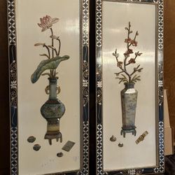 Vintage Chinese lacquerware wall panels intricate inlays of carved hardstone and mother-of pearl