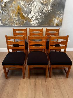 6 Mission Style Pine Wood Ladder Back Dining Chairs w/ Brand New Black Upholstery