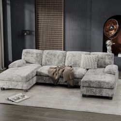 Furniwell Convertible Sectional Sofa Couch, 4 Seat Sofa Set for Living Room U-Shaped Modern Fabric Modular Sofa Sleeper with Double Chaise & Memory Fo