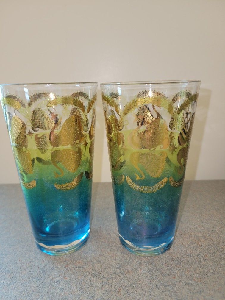 Vintage MCM Gold Blue Swan Glassware Glasses