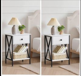 White Nightstand with Drawer and Shelf – Set of 2