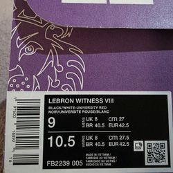 Nike LeBron Witness VIII Black/White/University Red, Men's Size 9, Women's Size 10.5