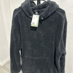 H&M relaxed faux fur hoodie with side entry pockets in black