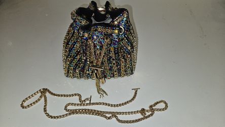 Multicolor Rhinestone Bucket Bag Gold Handle Chain Strap Evening Purse