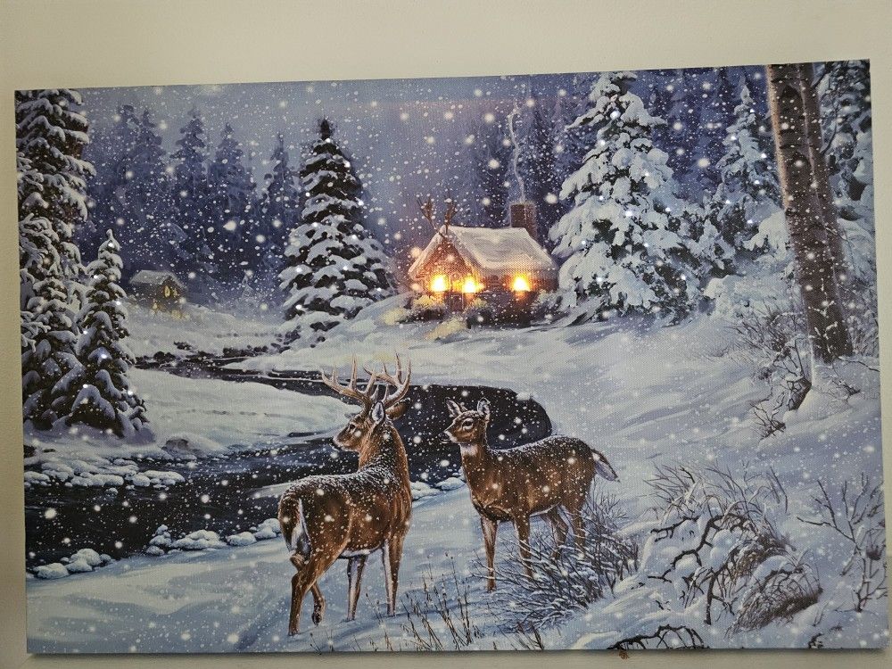 $35.00 - 2FT Christmas LED CANVAS Wall Art! Warm White Lighted Cabin & Bright White Lights On Trees! "Forest Friends" Scene/Like New!!