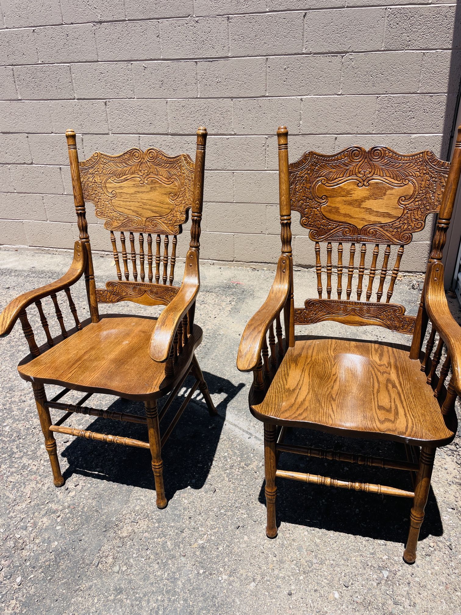 Pair Mid-Century Carved Oak Presback ArmChairs