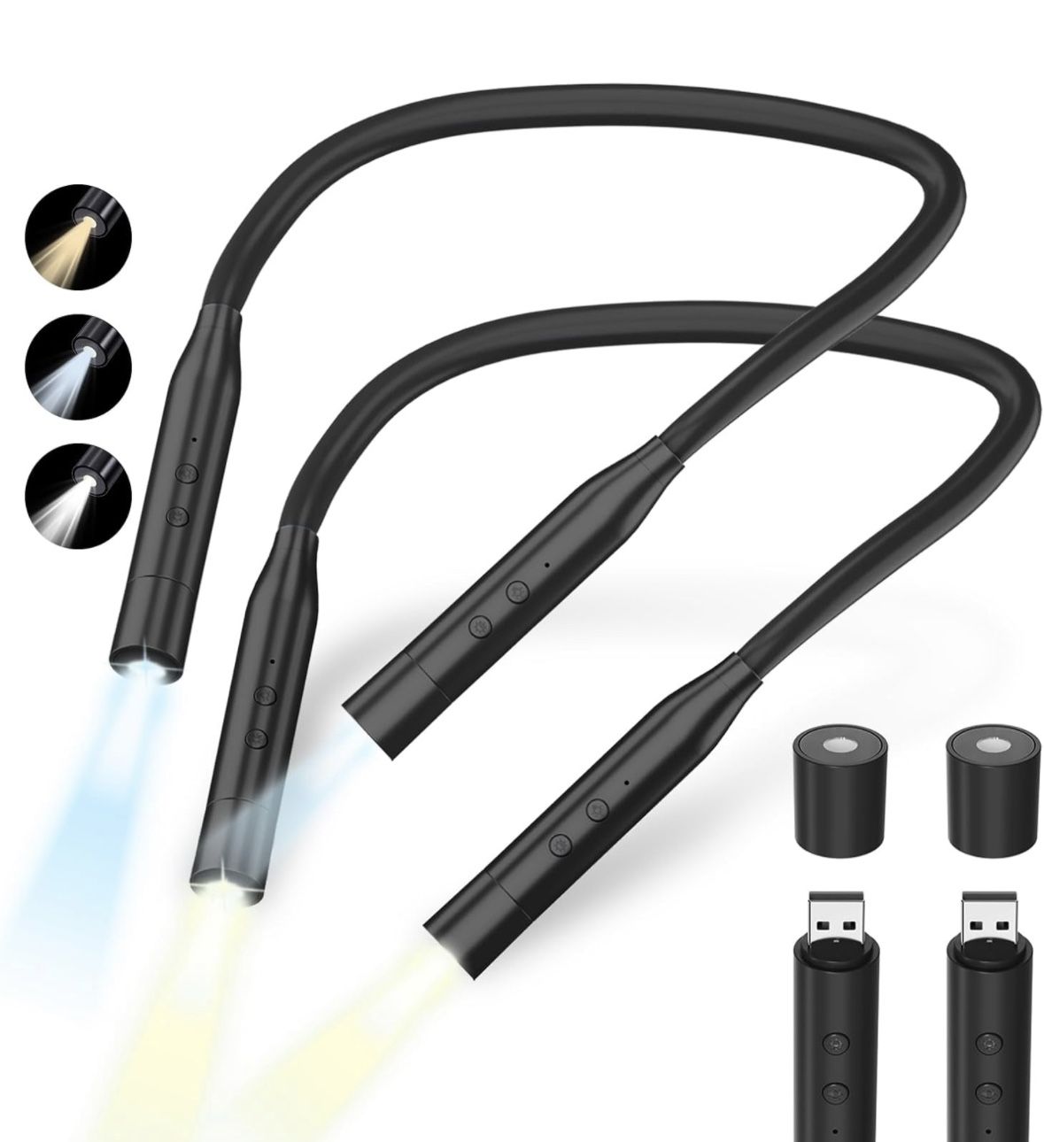 2 LED Neck Reading Lights, Book Light for Reading in Bed, 3 Colors & 3 Brightness Levels, 380° Rotating Neck Light Rechargeable,80 Hrs Runtime for Rea