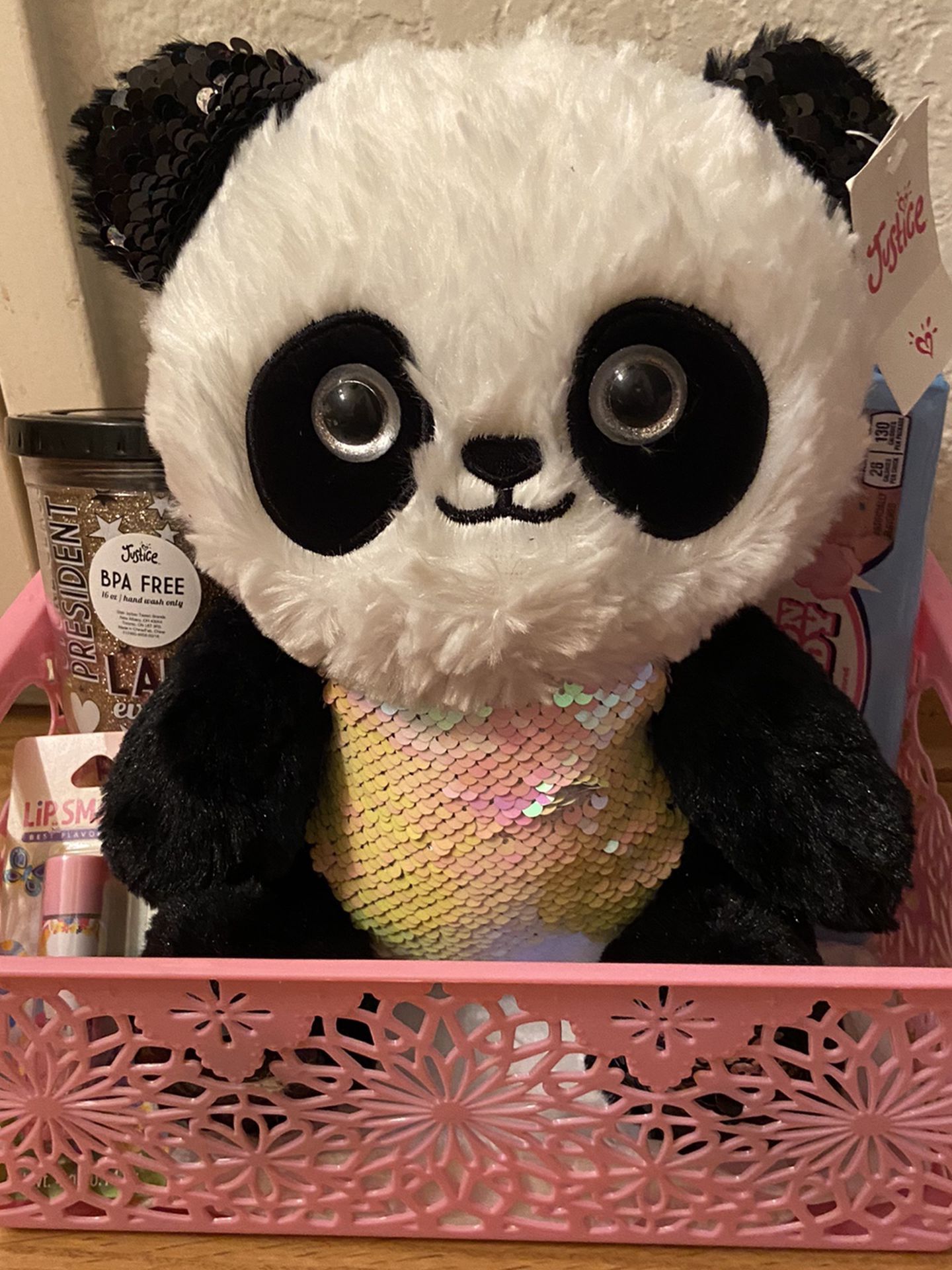Panda Stuffed Anima Easter Basket Cup, Lip Balm, Candy New