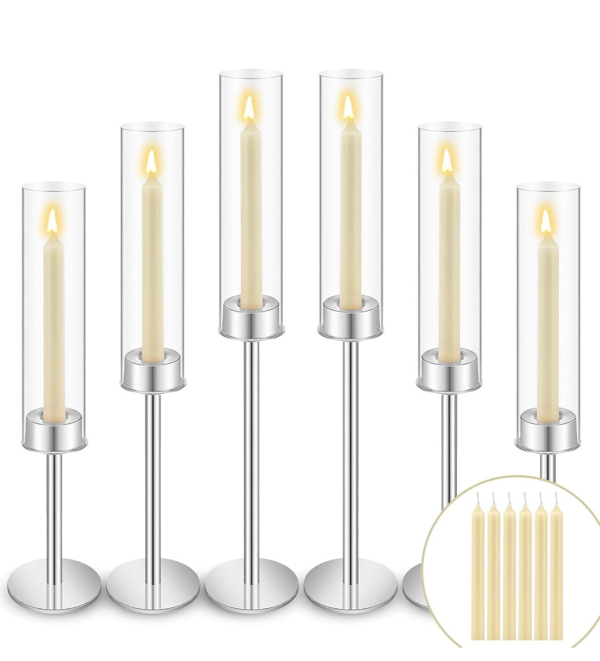 Yungyan 6 Sets Clear Glass Hurricane Candlestick Holder Tall Taper