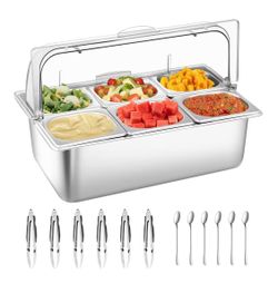 Countertop Food Serving Display Container with Clear Roll Top Cover, Stainless Steel Serving Tray Buffet Condiment Dispenser Ice Cooled Food Display R