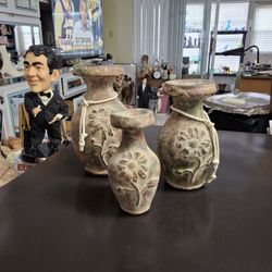 3 PC Vintage Mexican Clay Pottery Hand Made Old Time Pottery Southwestern Style 9" - 8" - 6.5" Heavy Vases