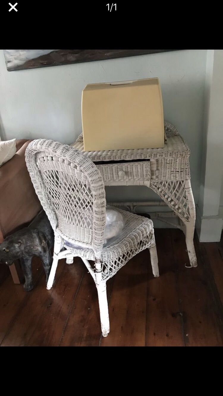 White Wicker desk and matching chair