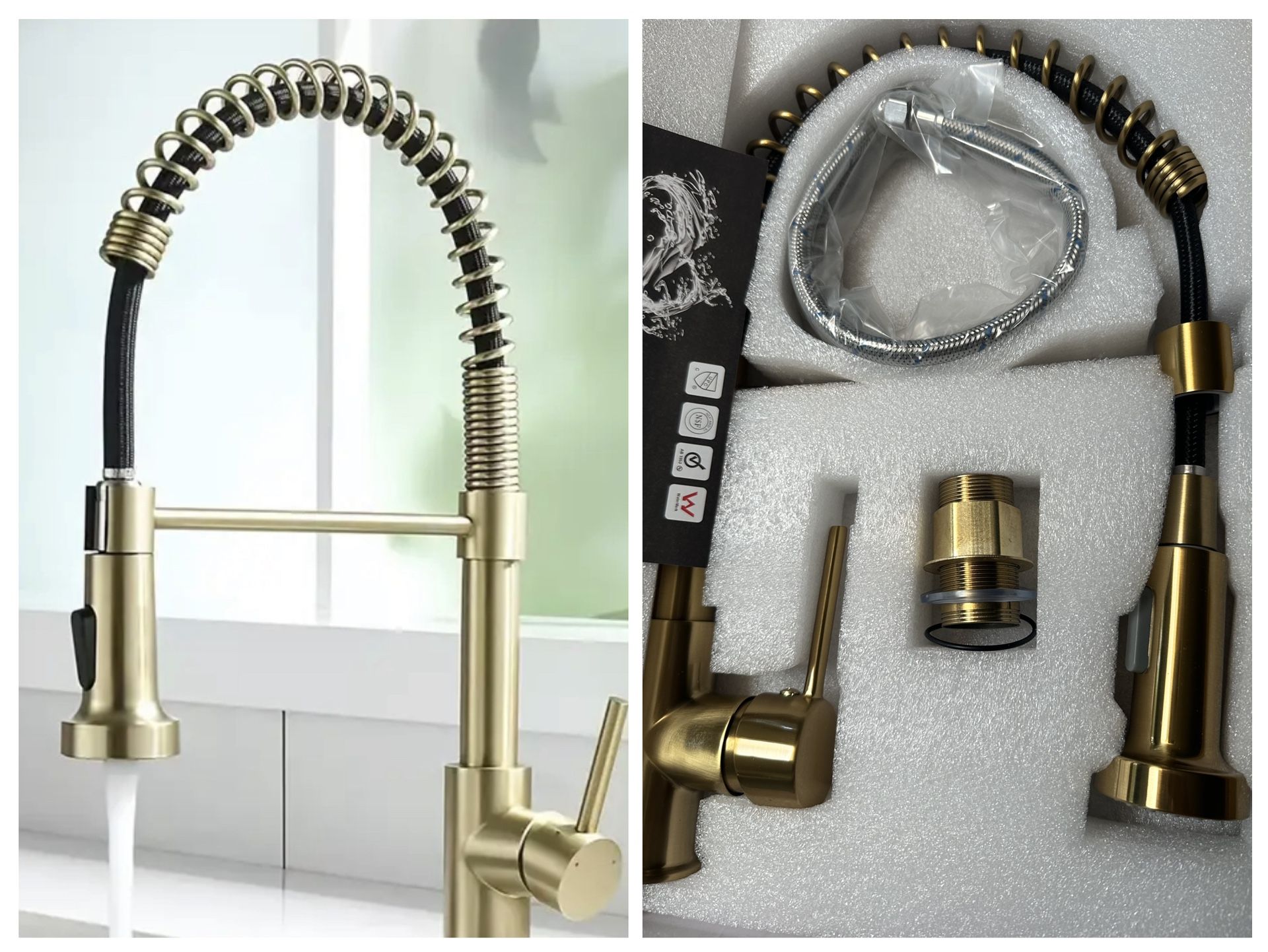 Brushed Golden Kitchen Faucet with Pull-Down Sprayer - Single Handle Lever, Water-Saving Valve, Commercial-Grade Single Hole Sink Mixer Tap, Dual