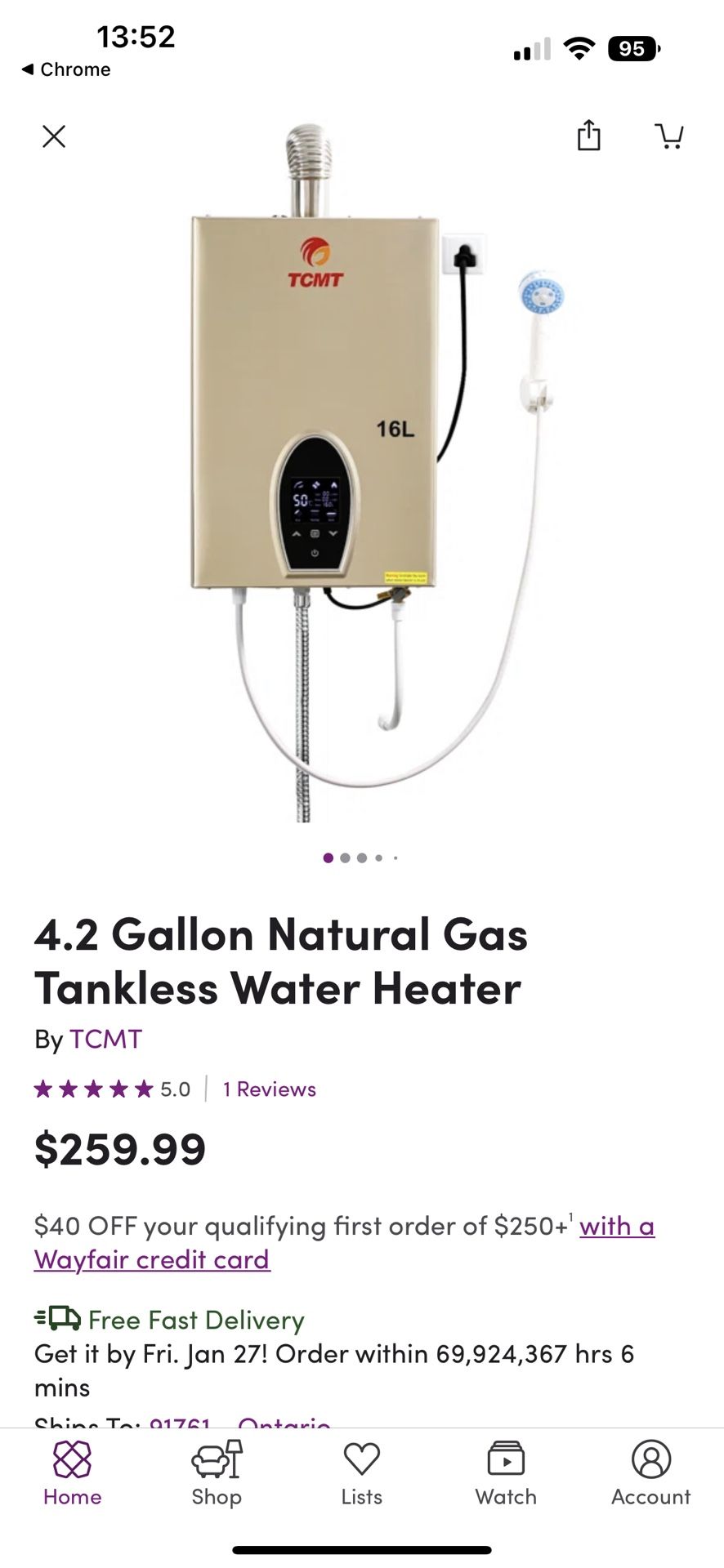  16L Tankless Water Heater Propane Gas, 4.23 GPM On-Demand Instant Hot Water Heater, Indoor Whole House Gas Water Heater