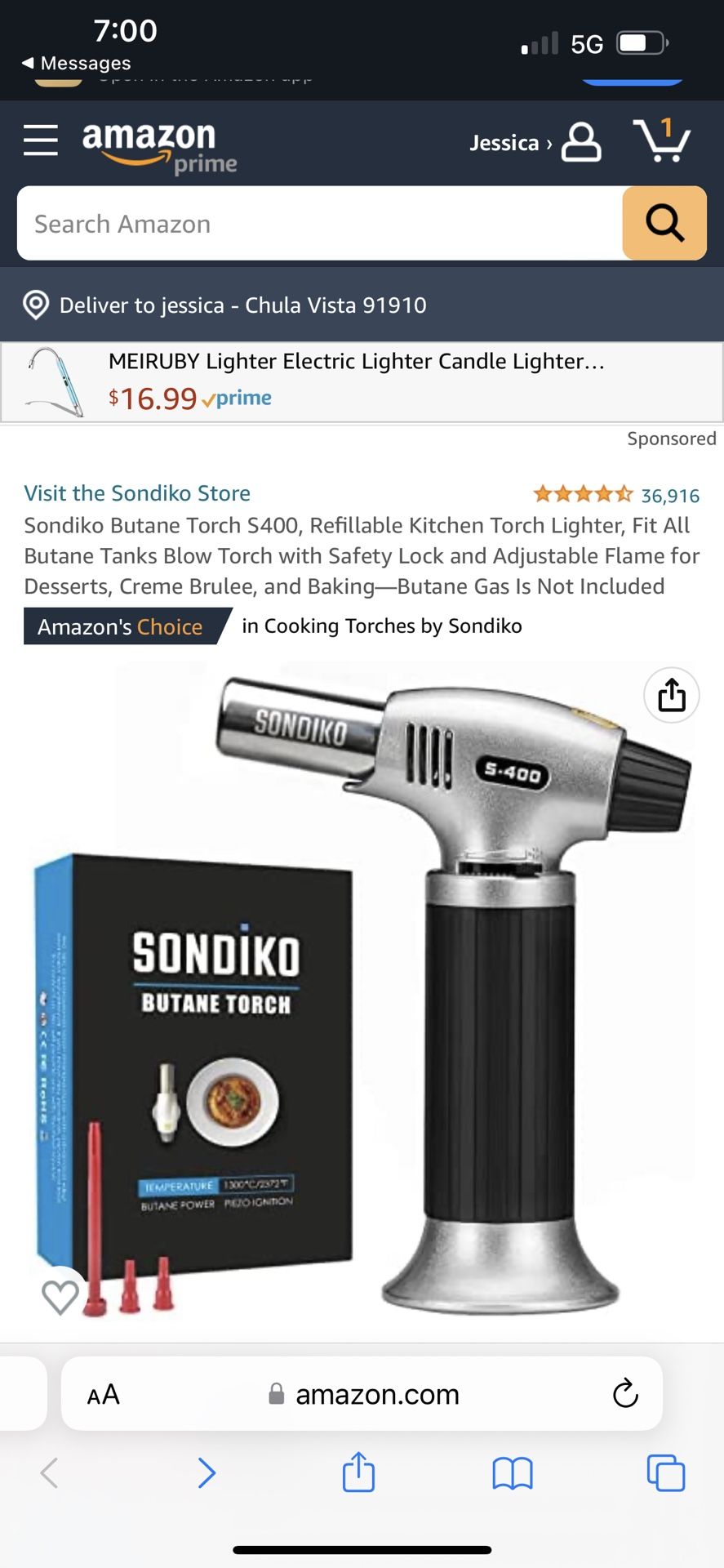 Sondiko Butane Torch S400, Refillable Kitchen Torch Lighter, Fit All Butane Tanks Blow Torch with Safety Lock and Adjustable Flame for Desserts, Creme