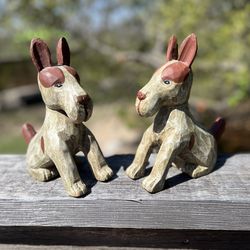 Pair of Hand-Carved and Painted Wooden Dog Sculptures