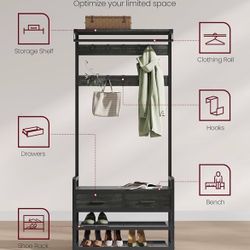 Hall Tree with Bench and Shoe Storage, Entryway Coat Rack with Shoe Bench, 2 Fabric Drawers, 10 Hooks, 11.8 x 31.7 x 71.5 Inches, Stone Gray and Ink B
