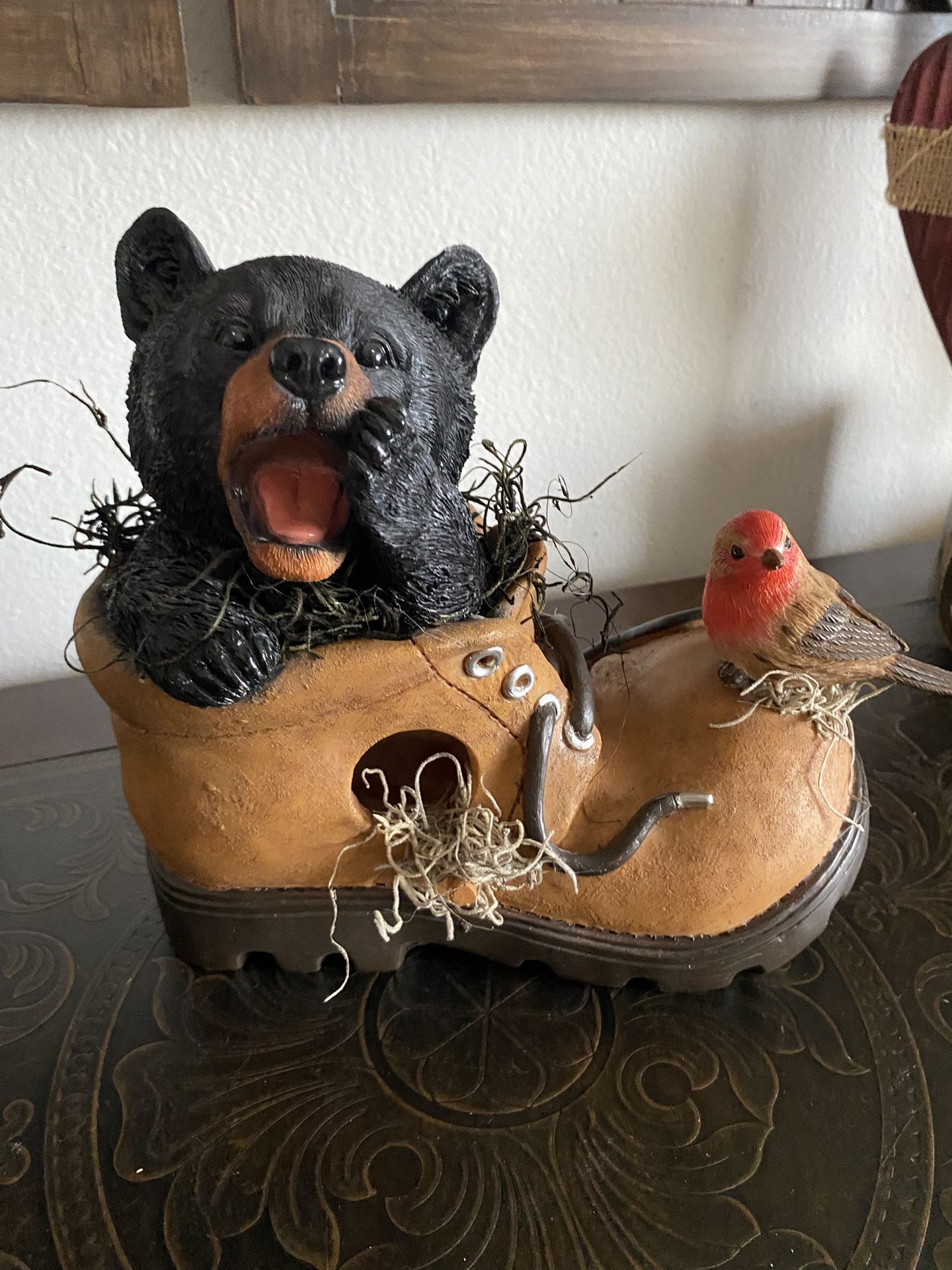 Bear in a Boot Birdhouse, Outdoor Rustic bird Feeder