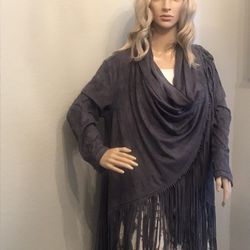 JOH Grey Blue Faux Suede Fringed Jacket Boho Cowgirl S/M 