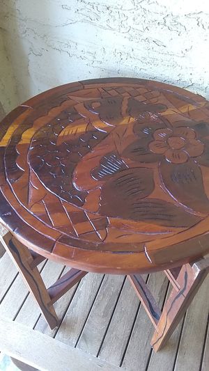 Photo Mid Century Hand Made unique table. About 2 ft high. 2 PC. One side is checker table other fish design.