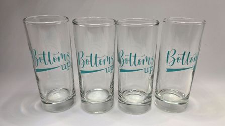 Set of 4 Vintage "Bottoms Up" Tall Shot Glasses 3.75" x 1.5"