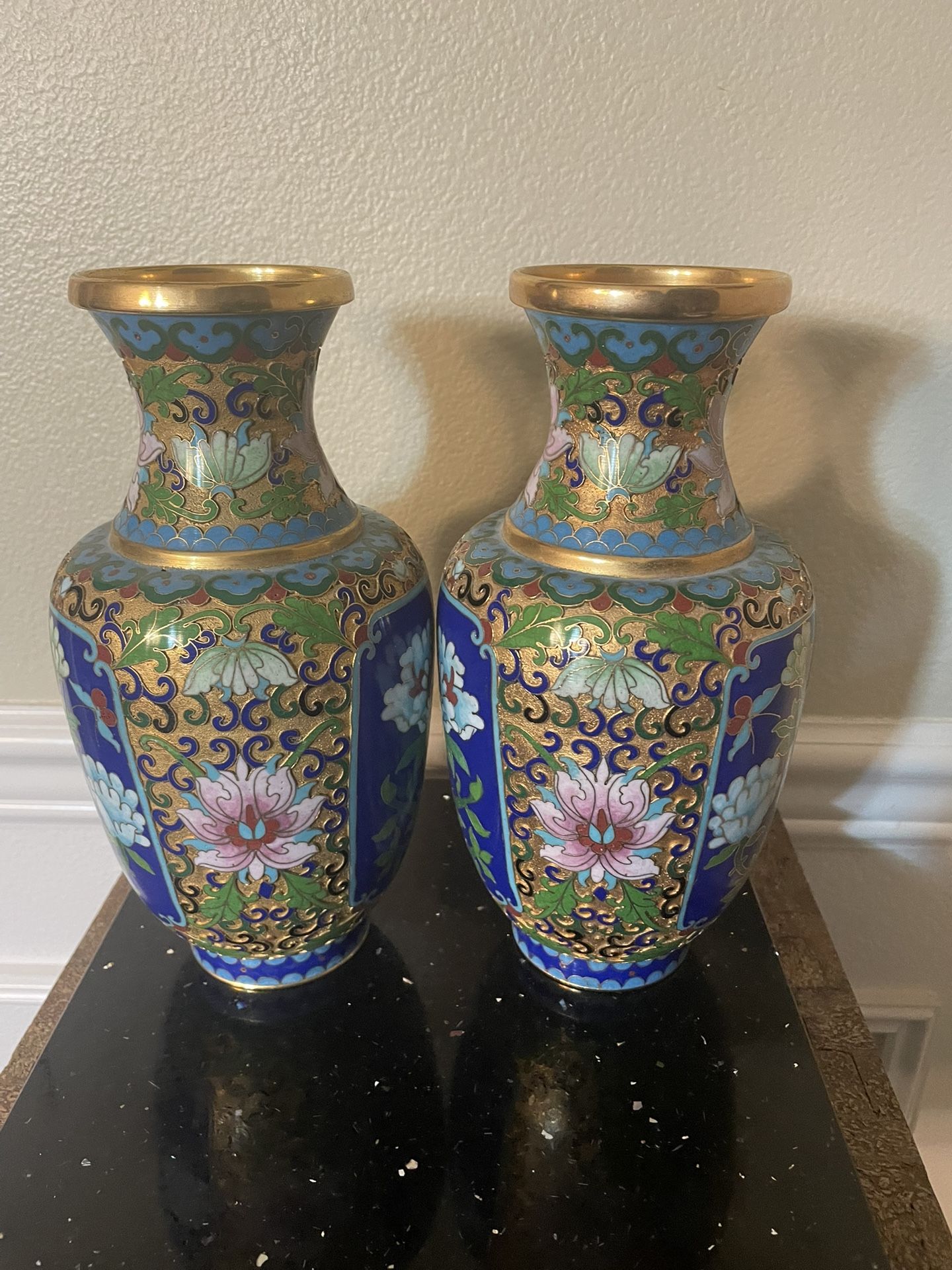 Pair of Chinese Gilt Open Enamel Cloisonné Vases 9”