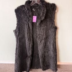 LOVE TOKEN Genuine Real Soft Rabbit Fur Long Vest Jacket in Black Size S