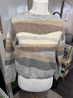 Hatley Womens Medium Striped Sweater Neutral Gray Brown Cozy Knit Scandi