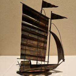 Vintage Metal Sailing Boat Sculpture Brutalist