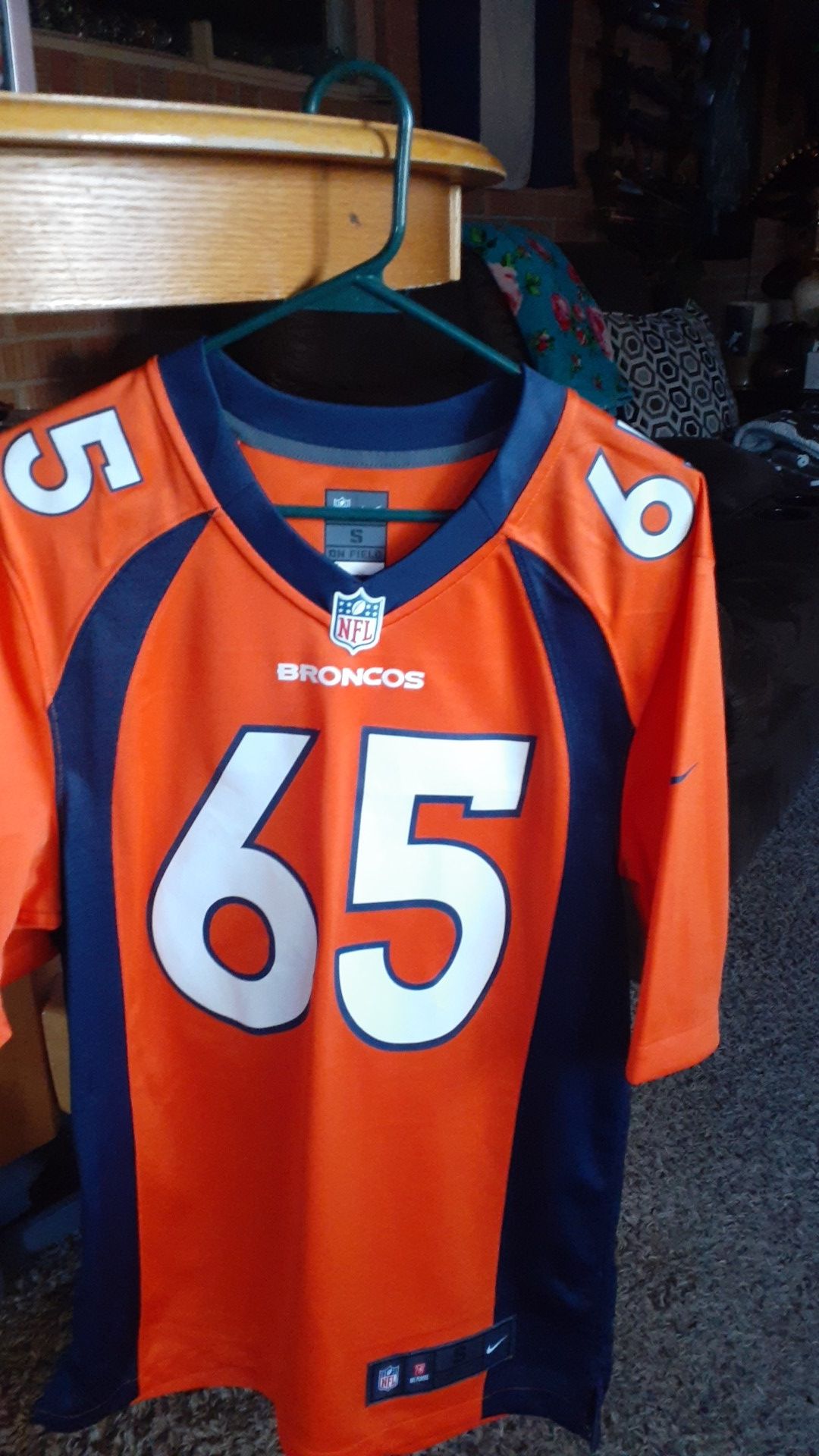 DENVER BRONCOS ON FIELD #65 LEARY JERSEY SIZE SMALL