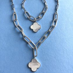 2pc Necklace + Bracelet Set- Silver Cable/Paperclip w/Mother of Pearl Quatrefoil Dangling *Ship Nationwide Or Pickup Boca Raton