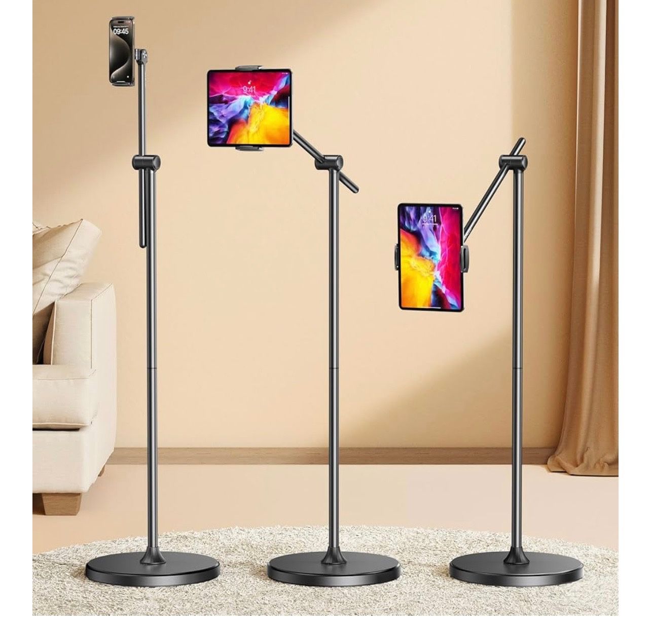 DIMONCOAT [Height-Adjustable & 360° Rotation Tablet Floor Stand Stable Base, Aluminum Alloy iPad Stand Floor Holder for iPad Mini Air Pro 12.9/9.7, Mo