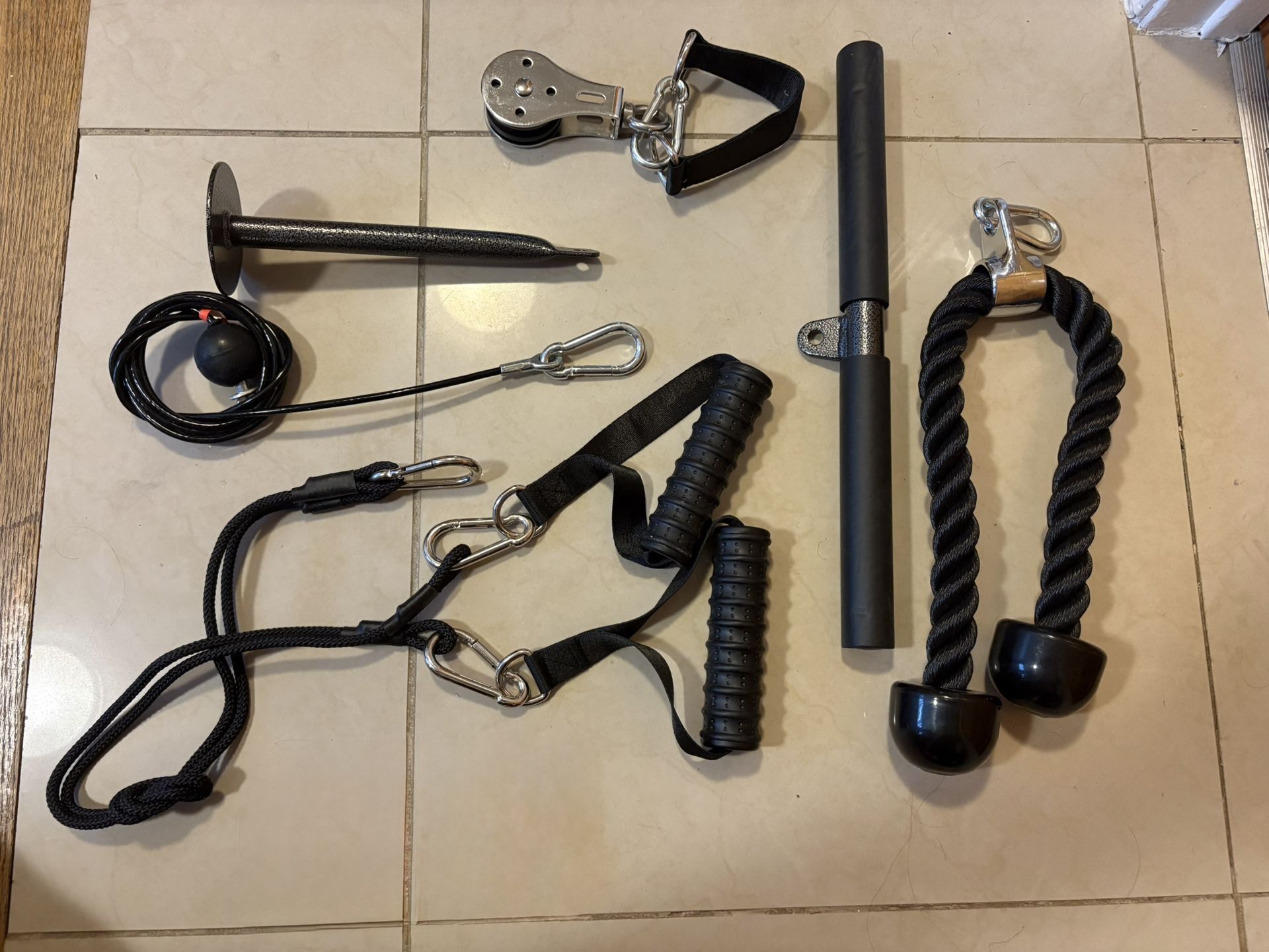 Weig Pulley Cable System W/ Straight Bar, Handles Grips, Nylon Tricep Rope,   Weights Dumbbells Rogue Bikes Treadmill Bench 