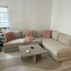 West Elm Haven 106" Right Bench Cushion 2-Piece Bumper Chaise Sectional, Standard Depth, Distressed Velvet, Sand
