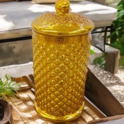 Hand Blown Gold Mercury Glass Jar With Geometric Diamond / Fish Scales Pattern and Ball End Lid