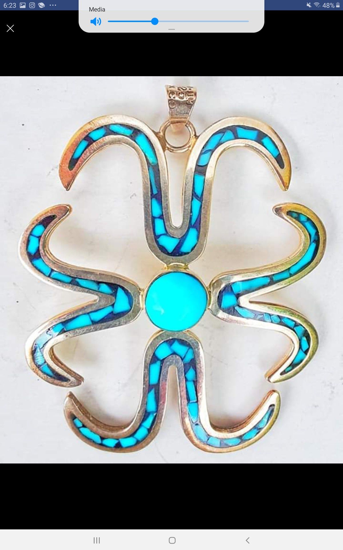 Taxco signed sterling silver 925 mexican silver and turquoise inlay 2.5" x 2.25" pendant