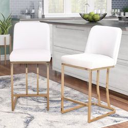 PHI VILLA White and Gold Bar Stools Set of 2, Faux Leather Counter Height Chairs, Kitchen Stools for Island, 24 Inch Barstools with Back