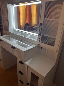 White Vanity Desk with LED Mirror and Storage