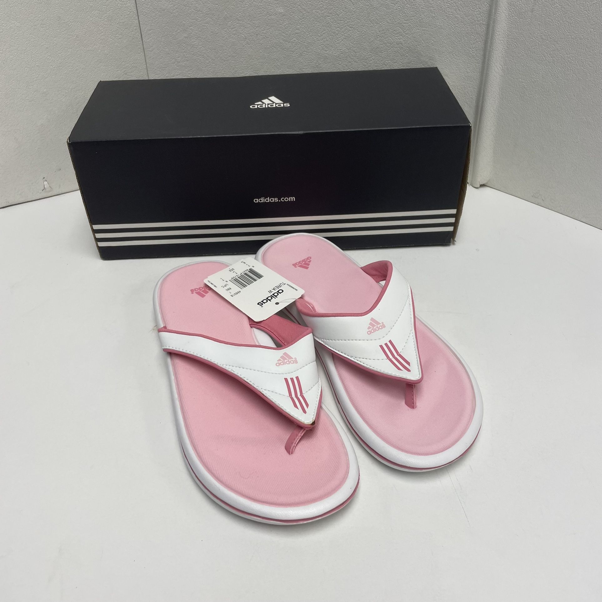 Adidas TUREIA Comfort Slides FLIP FLOP THONG SANDALS Women 8 - WHITE Pink - NEW