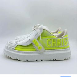 DIOR ID SNEAKER WHITE & REFLECTIVE YELLOW LEATHER NEOPRENE SNEAKERS SZ 38 NEW