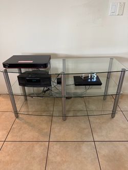 3-Tier Glass and Silver TV Stand  44” w x 22” h x 18” d