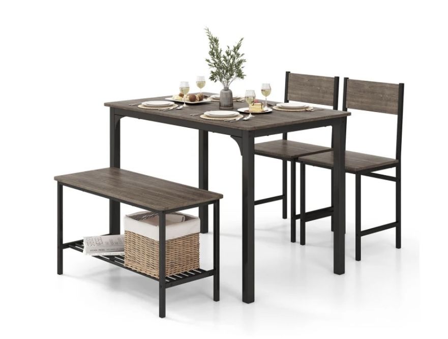 4-Piece Dining Table & Bench & 2 Chair Set
