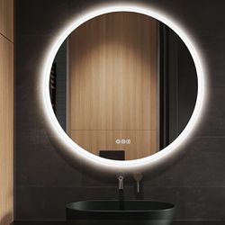 S·BAGNO 24’’ Round Led Bathroom Mirror with Lights, Backlit and Front Lighted, Wall-Mounted Vanity Mirror, 3 Color Mirror Inside Bluetooth Speaker, Au