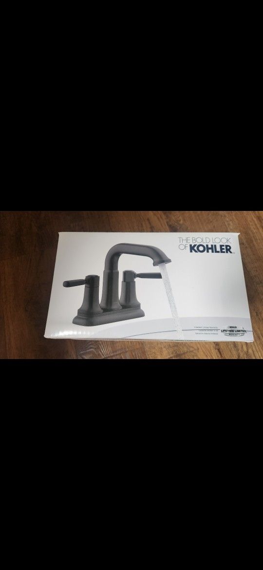 KOHLER Ealing Matte Black 4-in centerset 2-handle WaterSense Mid-arc Residential Handle Bathroom Sink Faucet with Drain