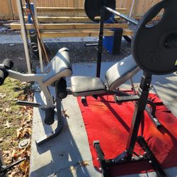 CAPS. 7' OLYMPIC BAR WITH CLIPS.   2-45LB GOLD'S GYM  OLYMPIC PLATES   ADJUSTABLE BENCH WITH LEG EXTENSION WITH ATTACHED CURL BAR. PREACHER  PAD.  POR