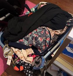 Women’s shirts, pants, scrub tops, shoes; sweaters