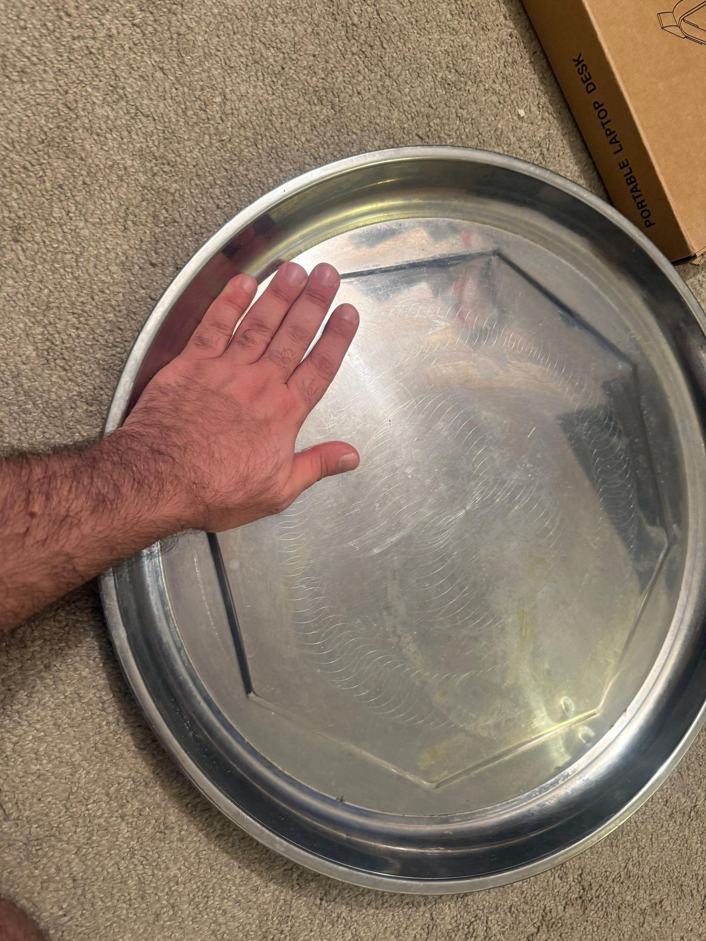 Round Stainless Steel Tray with Swirl Pattern Serving Platter for Kitchen Dining Catering and Buffet Use (16 INCH) New / un used . Pick up Aldine a