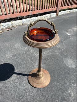 Vintage Standing Metal Ashtray Stand Decorative Handle Original Amber Glass Bowl