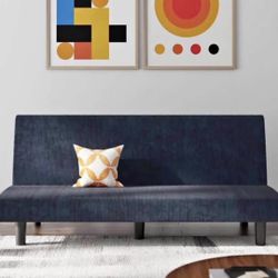 Armless Mid-Century Futon Sofa Bed, Blue Corduroy